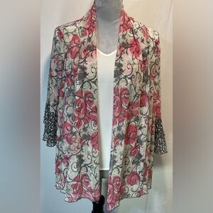 #0231 MULTIPLES Floral Sheer Kimono Cardigan w/ Leopard Layered Flare Sleeves-S